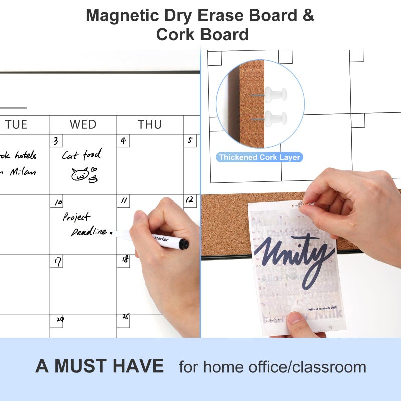 ARCOBIS Dry Erase Calendar with Cork Board for Wall, 24"x 18" Magnetic Calendar Whiteboard with Black Frame, Monthly Combination Board for School, Home, Office - Image 2
