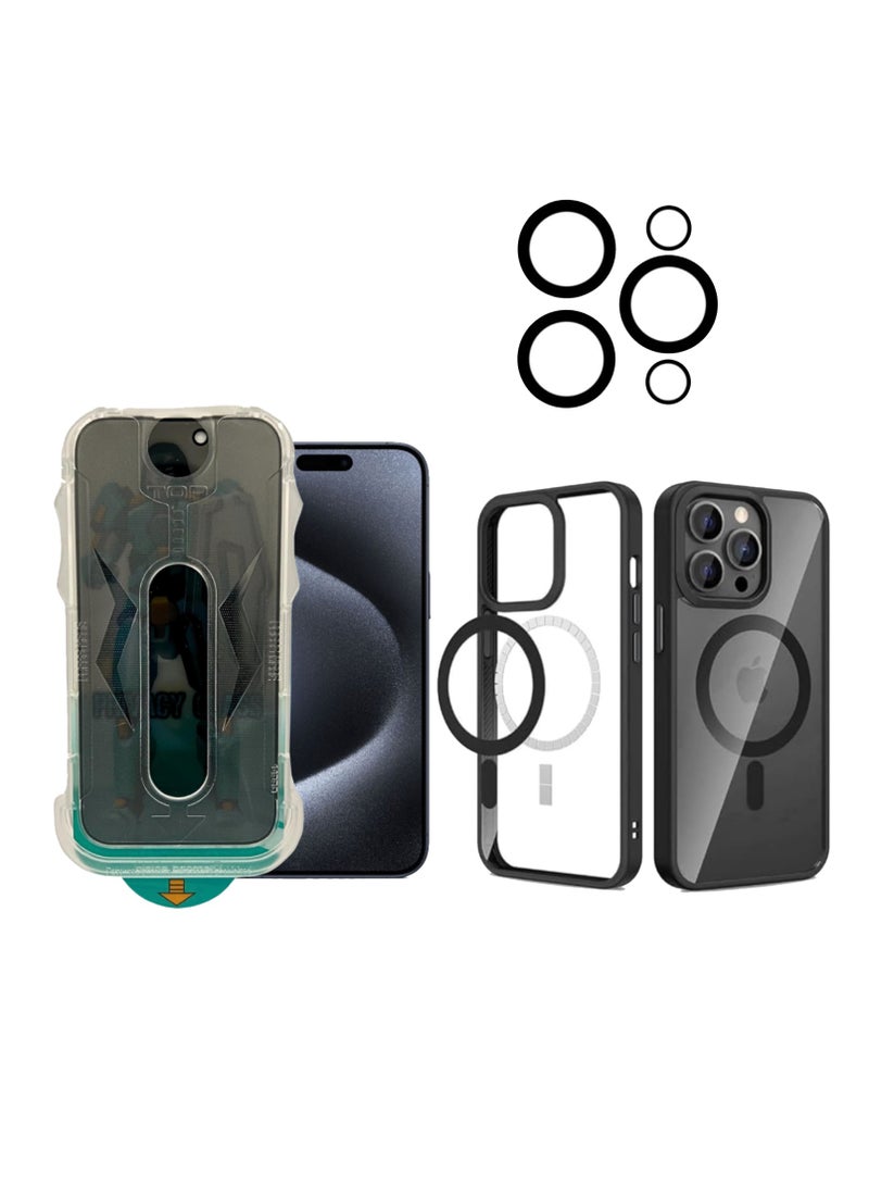 DIGI CORE iPhone 15 Pro Max Magsafe Case With Camera Lens For iPhone 15 Pro Max Privacy Screen Protector 6.7 Inch Easy Installation Kit Auto Alignment 9H Hard 99.99% HD Clear Bubble Free Anti Spy - Image 1