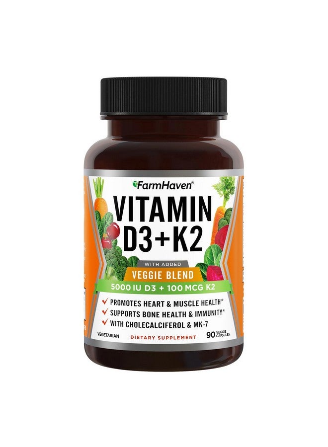 FarmHaven FarmHaven Vitamin D3 K2 Capsules - 5000 IU D3 and 100 mcg K2 - Cholecalciferol MK7 with Veggie Fruit Blend - Vitamin D K2 Supplement for Immune System & Heart Health - Vegetarian, Non-GMO, 90 Caps - Image 1