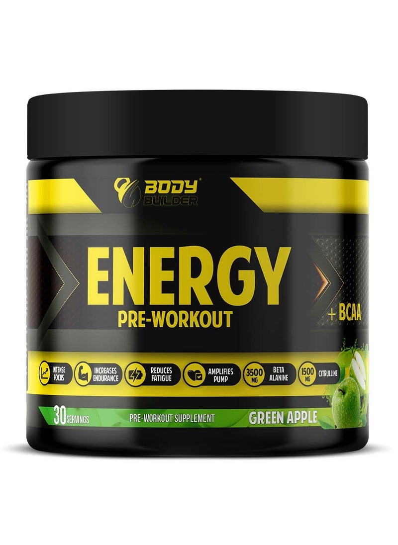 Body Builder Body Builder Energy Pre workout Plus BCAA, Green Apple, 30 Servings 