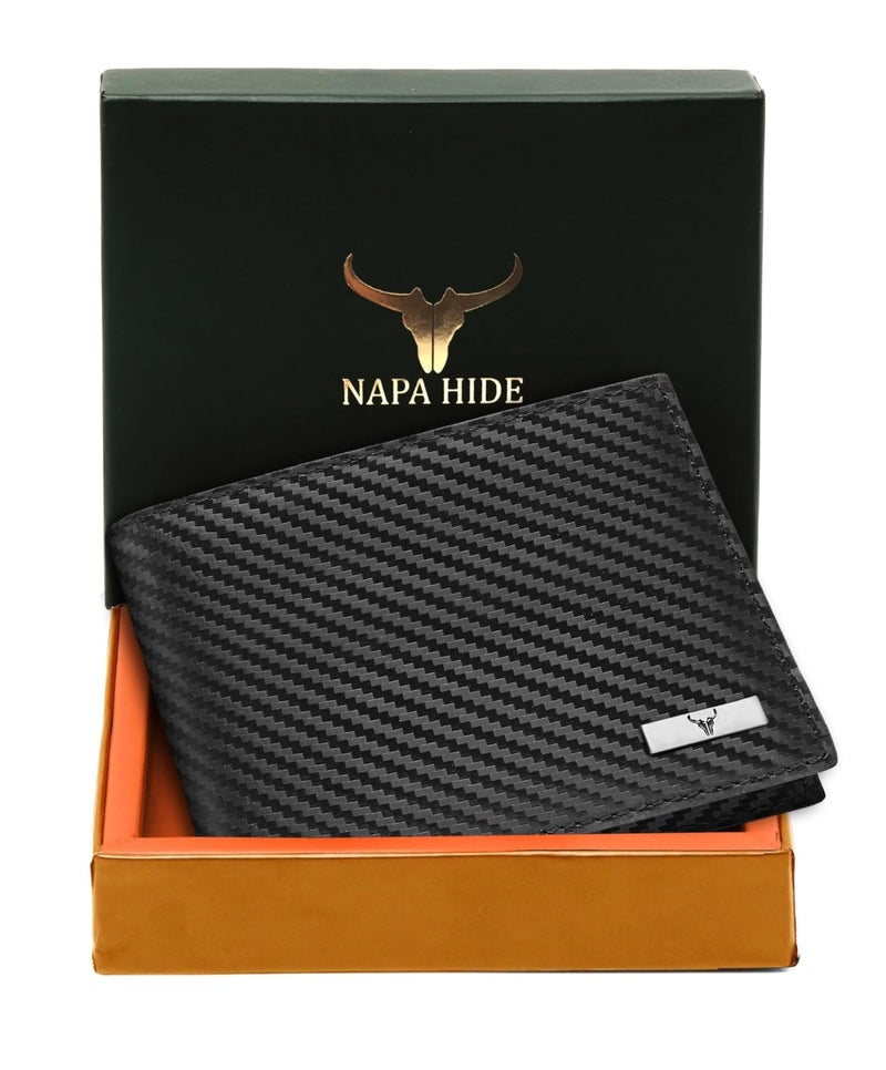 Napa Hide محافظ جلدية من ألياف الكربون من ناپا هايد للرجال مع نافذة تعريف واحدة، محافظ مصممة آمنة مع حجب RFID مع قسمين للنقود (سوبرنوفا بلاك) - Image 2