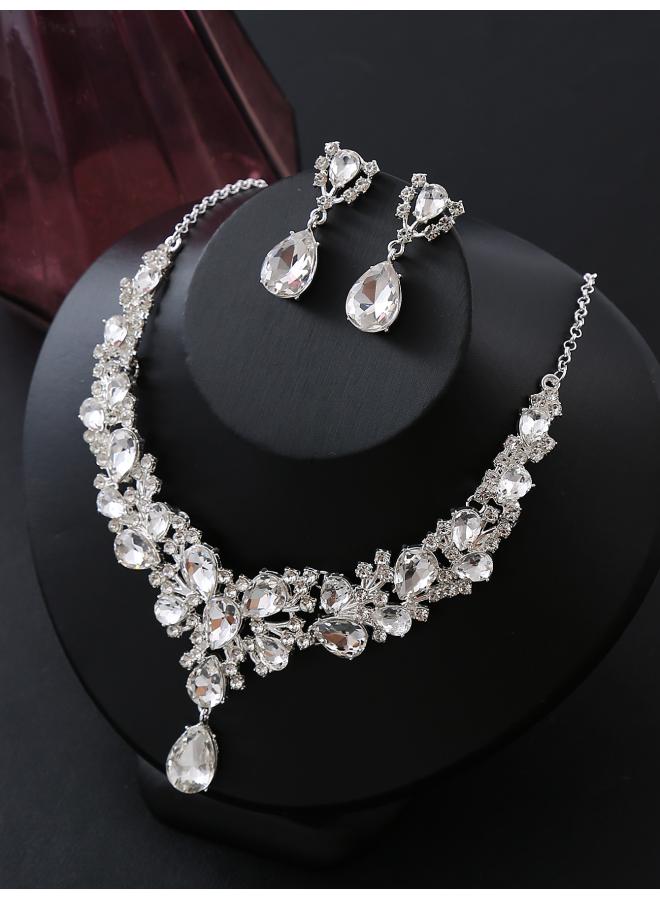 Water Drops Super Flash Rich Bride Necklace Three-piece Set Zircon New Necklace Gem Short Crystal