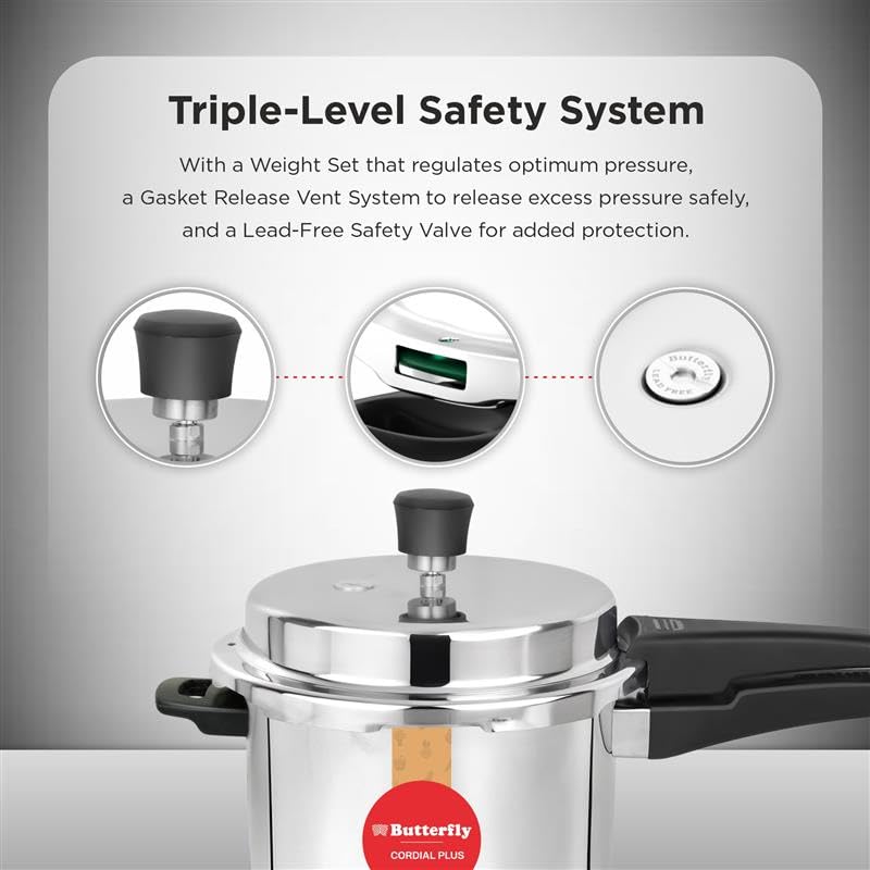 Butterfly Cordial Plus 2L, 3L & 5L SS Pressure Cooker Combo | Stainless Steel | Induction & Gas Stove Compatible| ISI Certified| Triple Safety System| Silver - Image 2