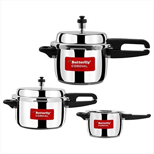 Butterfly Cordial Plus 2L, 3L & 5L SS Pressure Cooker Combo | Stainless Steel | Induction & Gas Stove Compatible| ISI Certified| Triple Safety System| Silver - Image 1