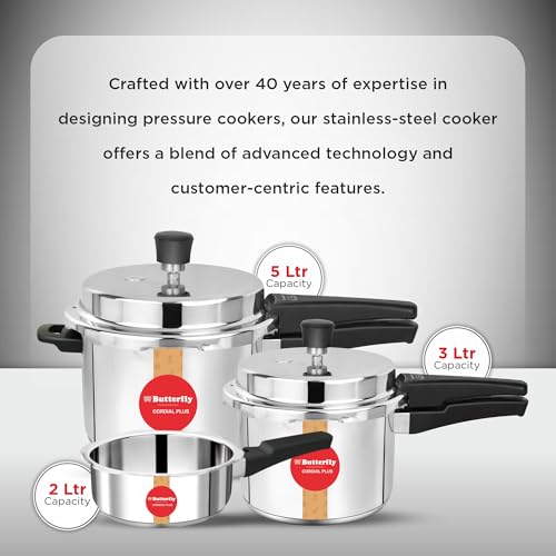 Butterfly Cordial Plus 2L, 3L & 5L SS Pressure Cooker Combo | Stainless Steel | Induction & Gas Stove Compatible| ISI Certified| Triple Safety System| Silver - Image 5