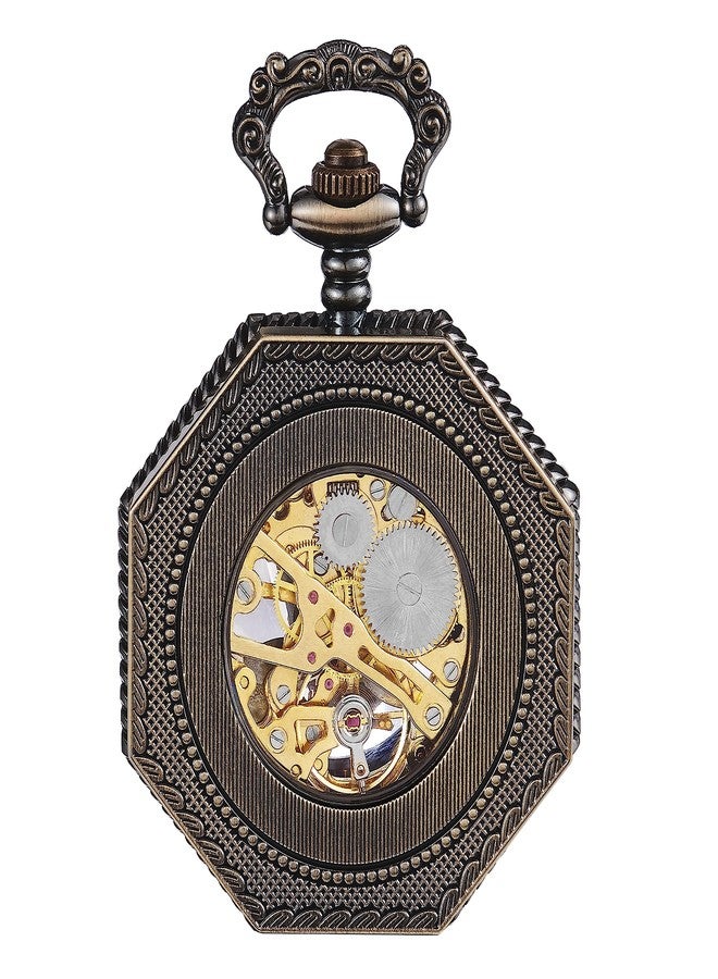 ShoppeWatch Pocket Watch with Chain Bronze Octagon Case Steampunk Railroad Style Mechanical Movement Reloj Skeleton PW-221 - Image 3