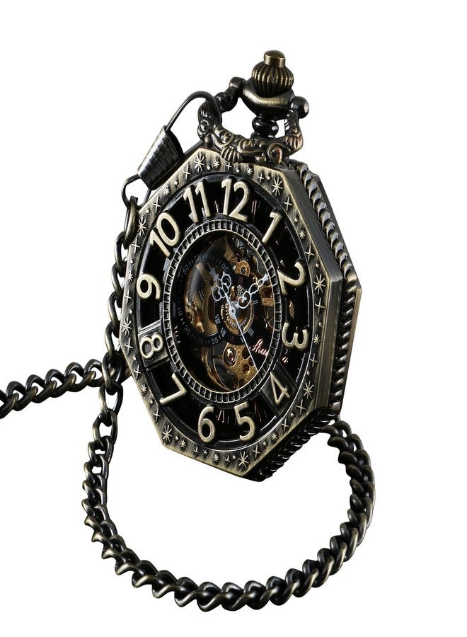 ShoppeWatch Pocket Watch with Chain Bronze Octagon Case Steampunk Railroad Style Mechanical Movement Reloj Skeleton PW-221 - Image 1