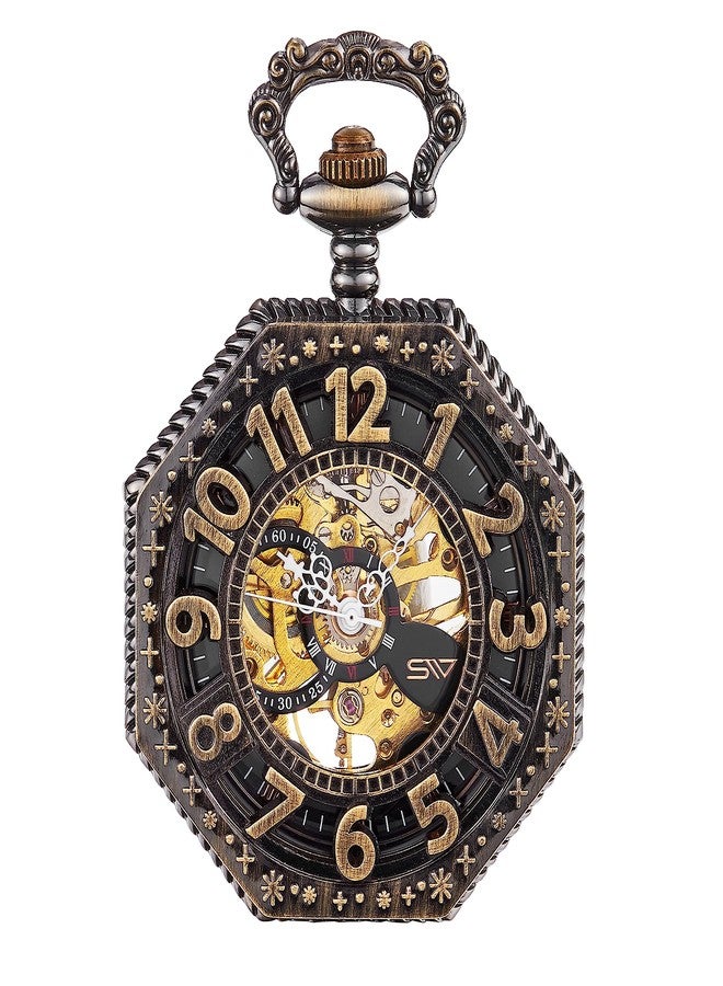 ShoppeWatch Pocket Watch with Chain Bronze Octagon Case Steampunk Railroad Style Mechanical Movement Reloj Skeleton PW-221 - Image 2