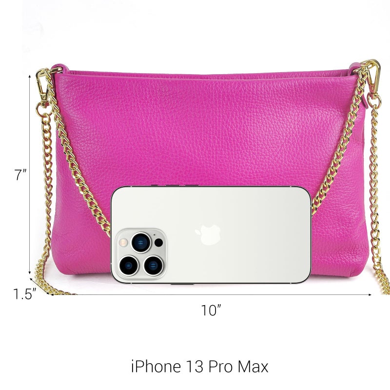 Dasein Italian Genuine Leather Handbag for Women Clutch Evening Bag Gold Chain Strap Shoulder Bag Crossbody Purse (Fuchsia) - Image 3