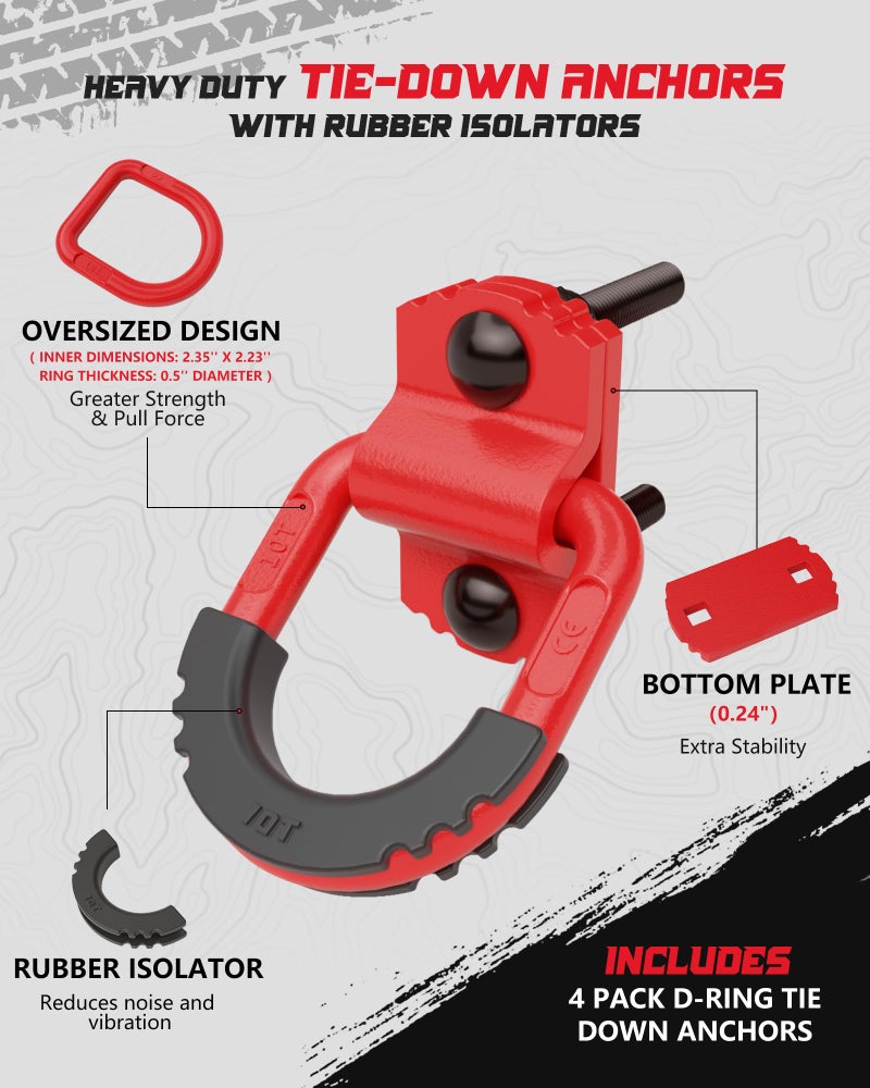 AMBULL D-Ring Tie Down Anchors with Rubber Isolators, 4 Pack Heavy Duty 10 Ton Capacity Carbon Steel, Bolt-On with Mounting Hardware, Zinc & Powder Coated for Trailer, Truck, Pickup, Garage-Red - Image 2