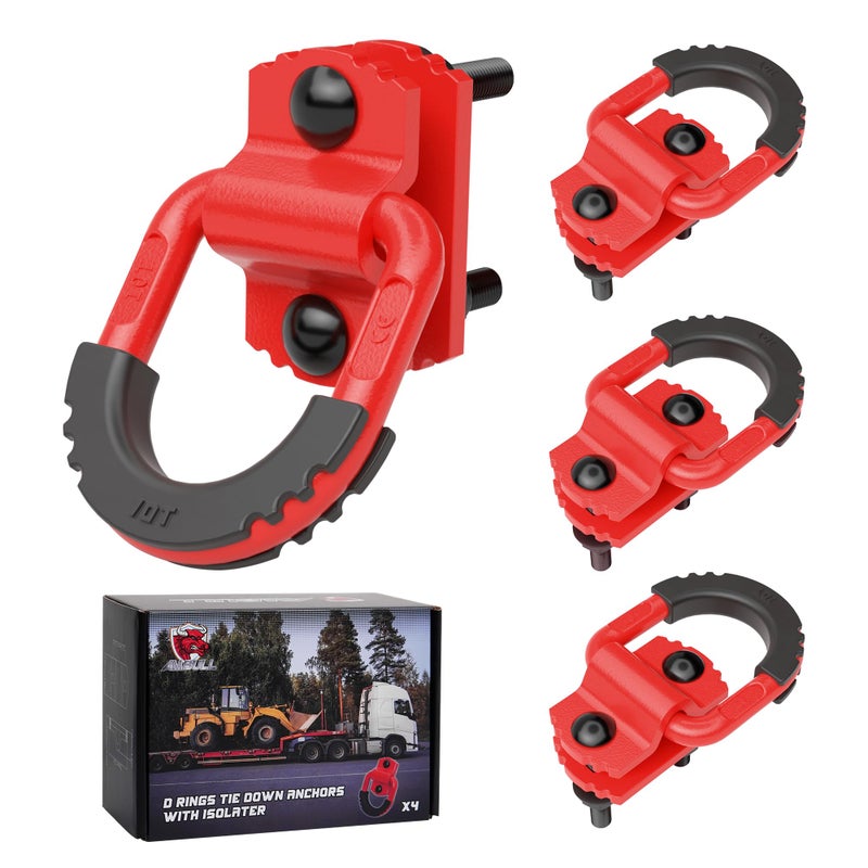 AMBULL D-Ring Tie Down Anchors with Rubber Isolators, 4 Pack Heavy Duty 10 Ton Capacity Carbon Steel, Bolt-On with Mounting Hardware, Zinc & Powder Coated for Trailer, Truck, Pickup, Garage-Red - Image 1