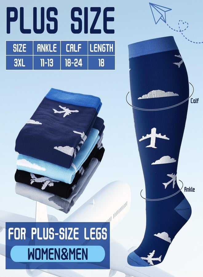 Cuffbow 4 Pairs Plus Size 3xl Airplane Travel Compression Socks Wide Calf 15-25 Mmhg Wide Knee Support Socks for Men Women Pilots Circulation Travel and Flight Lovers - Image 2