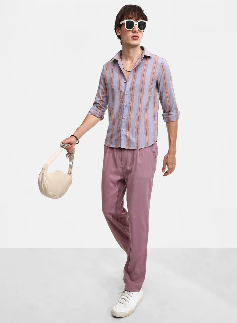 كامبوس سوترا Men's Icy Blue & Nude Beige Striped Seersucker Shirt