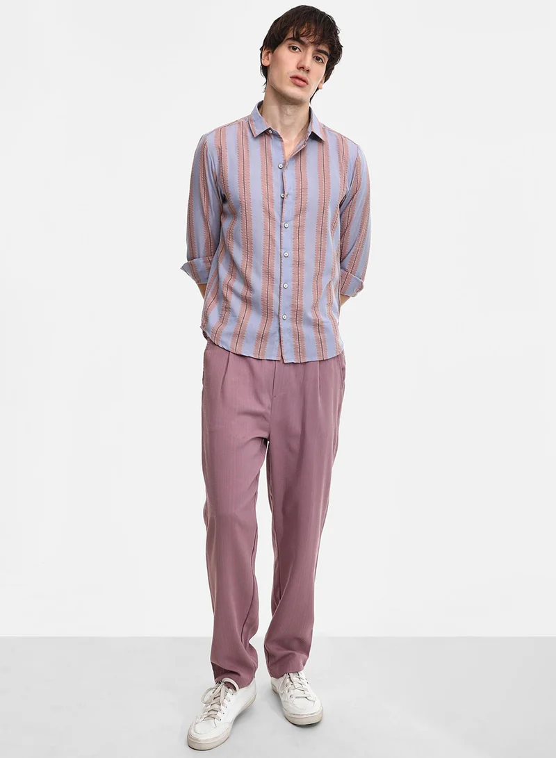 كامبوس سوترا Men's Icy Blue & Nude Beige Striped Seersucker Shirt