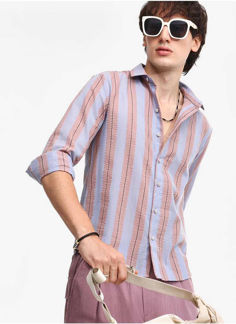 كامبوس سوترا Men's Icy Blue & Nude Beige Striped Seersucker Shirt