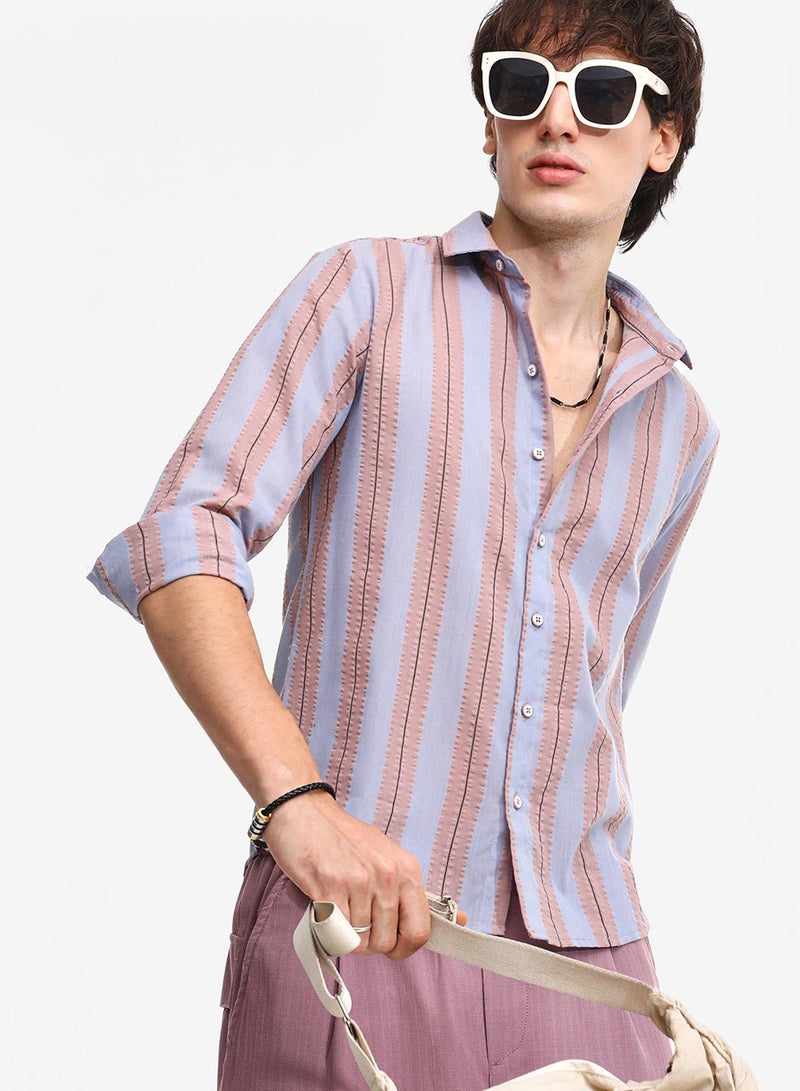 Campus Sutra Men's Icy Blue & Nude Beige Striped Seersucker Shirt - Image 1