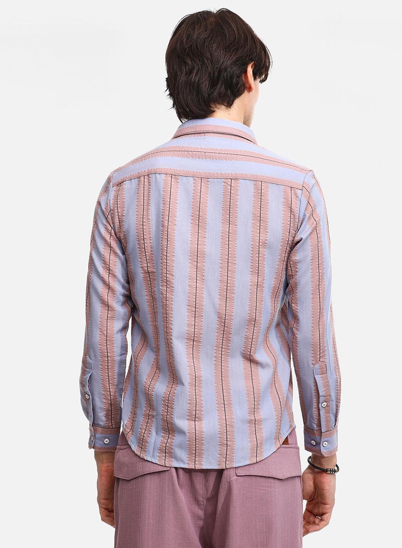 Campus Sutra Men's Icy Blue & Nude Beige Striped Seersucker Shirt - Image 5