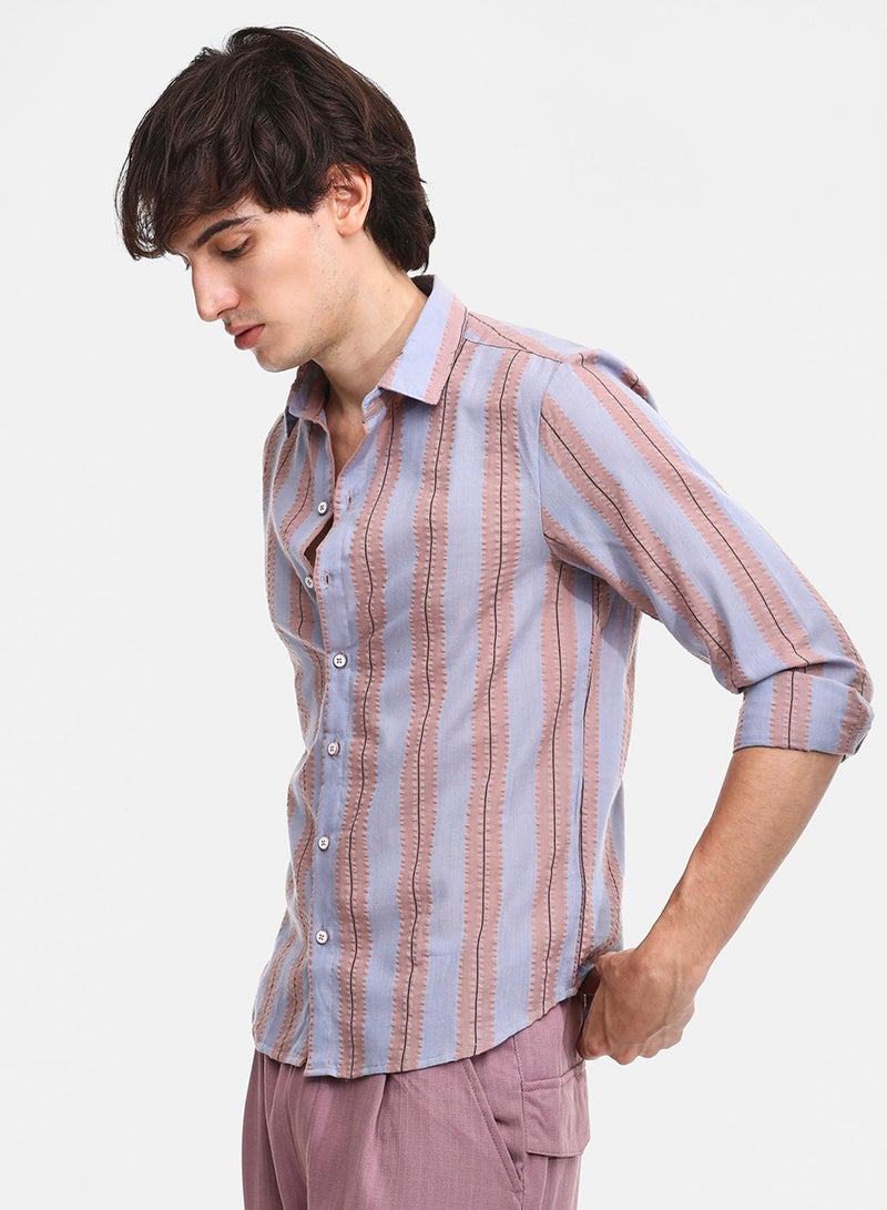 Campus Sutra Men's Icy Blue & Nude Beige Striped Seersucker Shirt - Image 3