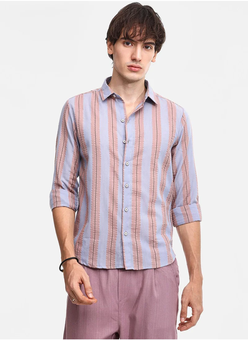 كامبوس سوترا Men's Icy Blue & Nude Beige Striped Seersucker Shirt