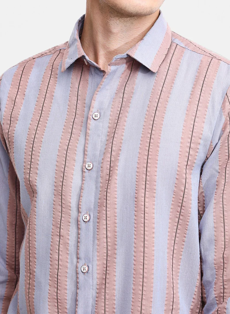 كامبوس سوترا Men's Icy Blue & Nude Beige Striped Seersucker Shirt