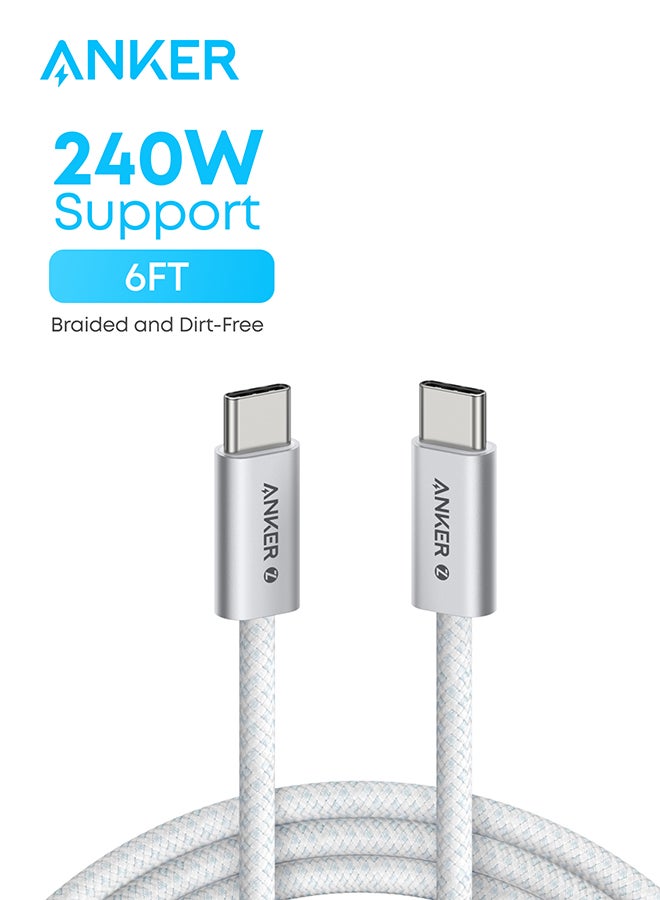Anker Zolo USB C to USB C Cable, Braided and Dirt-Free Type C Fast Charging Cable, Slim Connector, for iPhone 17/16 Series, MacBook (240W) (White, 6ft) White