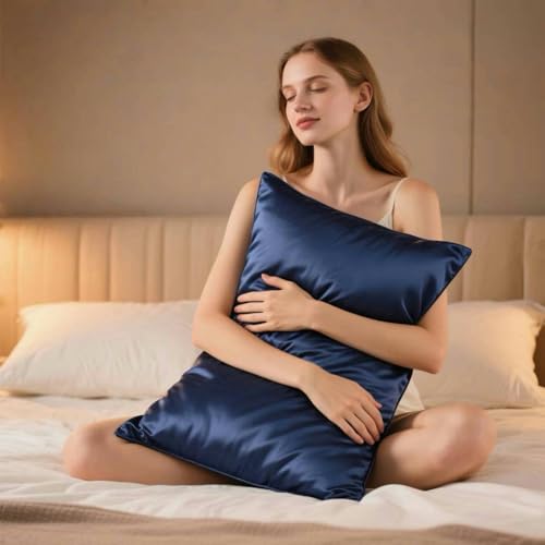 Ravmix Silk Pillow Cases with Zipper 21momme Mulberry Silk Pillowcase for Hair Skin Health Soft Smooth Breathable Cool Pillow Cover for Beauty Sleep with Gift Box 1PCQueen 20x30 Navy Blue