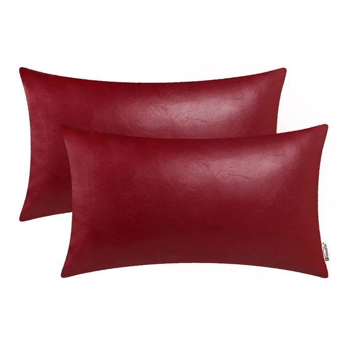 FAUX LEATHER THROW PILLOW COVERS 12 X 20 INCHES DEEP RED LEATHER LUMBAR PILOW COVERS PACK OF 2 SOLID DYED LEATHER PILLOWCASES FOR COUCH BED SOFA GARDEN HOME DECORATIVE