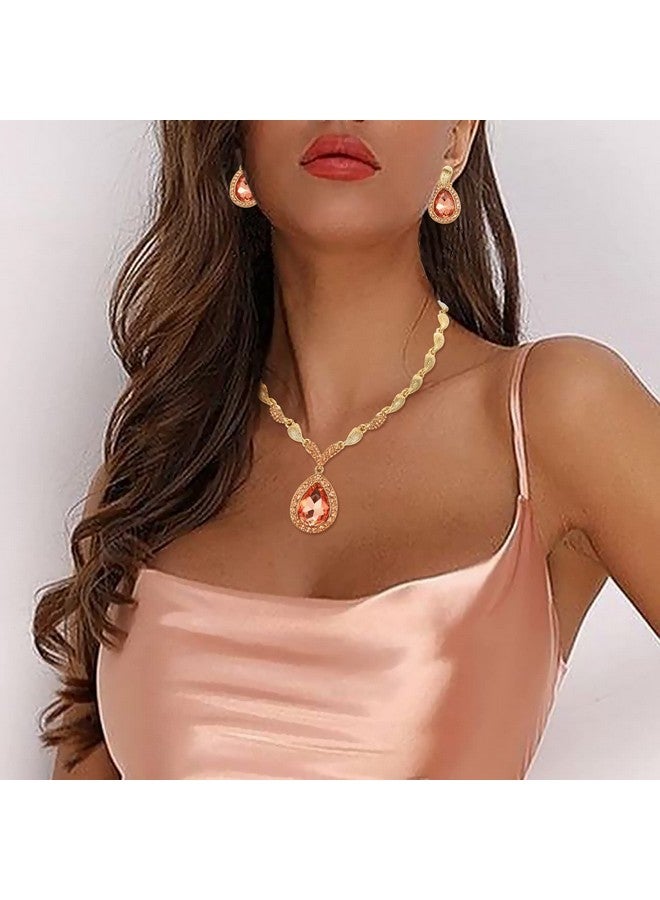 BriLove Womens Africa 18K Gold Plated Jewelry Set Crystal Rhinestones Petals Teardrop Cluster Bib Statement Necklace Link Bracelet Dangle Earrings Ring For Prom Peach Rose-Gold-Tone - Image 2