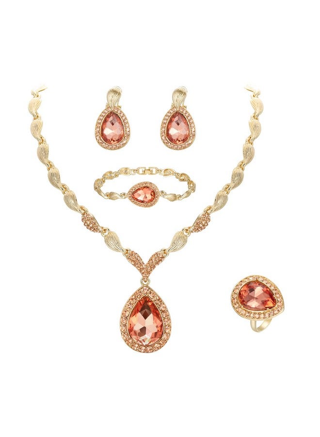 BriLove Womens Africa 18K Gold Plated Jewelry Set Crystal Rhinestones Petals Teardrop Cluster Bib Statement Necklace Link Bracelet Dangle Earrings Ring For Prom Peach Rose-Gold-Tone - Image 1