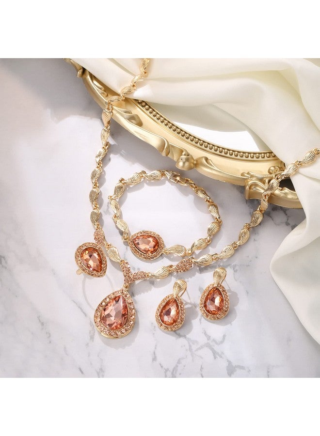 BriLove Womens Africa 18K Gold Plated Jewelry Set Crystal Rhinestones Petals Teardrop Cluster Bib Statement Necklace Link Bracelet Dangle Earrings Ring For Prom Peach Rose-Gold-Tone - Image 3