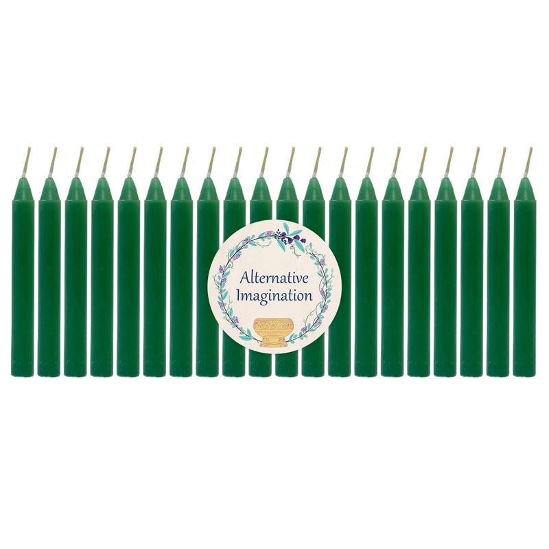 Alternative Imagination Green Chime Candles - 20 Pack of Unscented 4 Inch Mini Taper Candles - Dripless Long Burning Ritual Candles for Meditation, Spell Work, Healing, Prosperity, Growth & Home Decor - Image 1