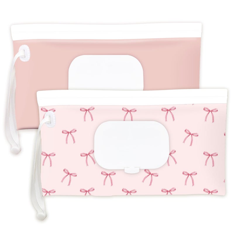 eoscasely Wipe Dispenser and Wipes Container, 2 Pack Reusable Wipes Holder and Travel Wipes Case, Refillable Pouch for Baby Essentials, blush& bow Design (Blush) - Image 1