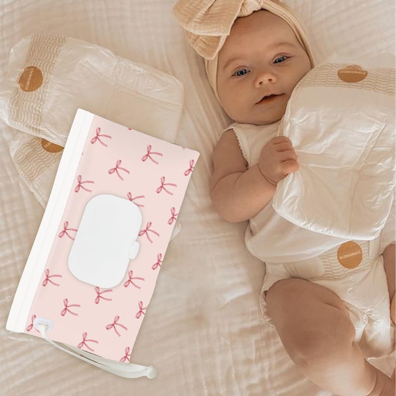 eoscasely Wipe Dispenser and Wipes Container, 2 Pack Reusable Wipes Holder and Travel Wipes Case, Refillable Pouch for Baby Essentials, blush& bow Design (Blush) - Image 3