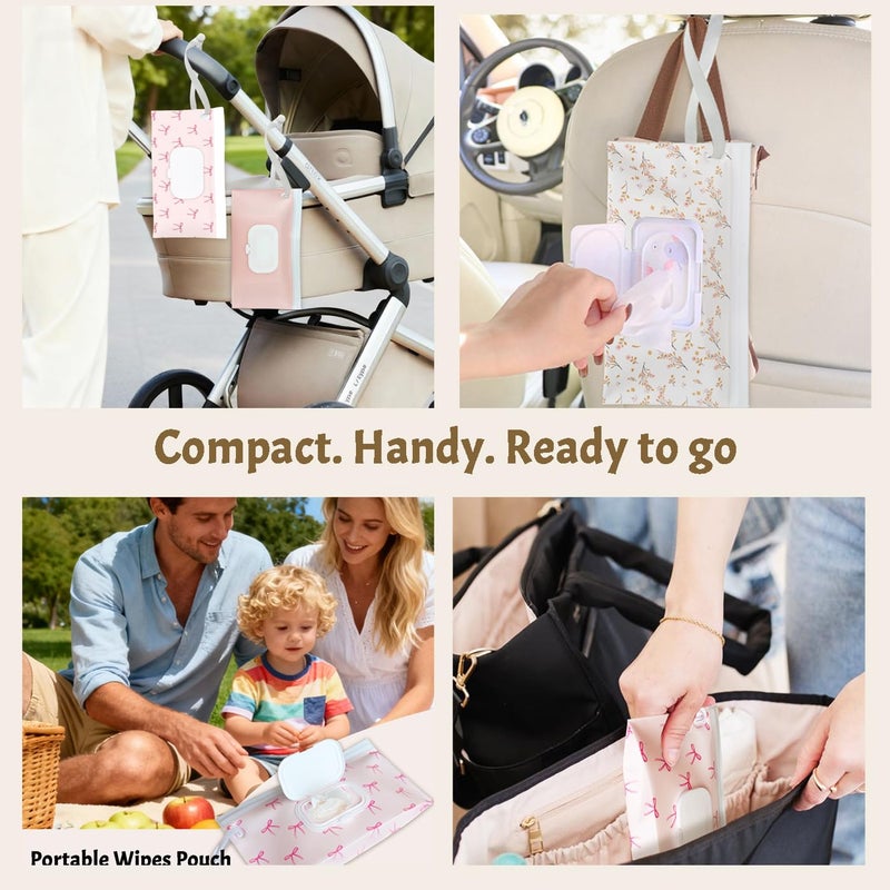 eoscasely Wipe Dispenser and Wipes Container, 2 Pack Reusable Wipes Holder and Travel Wipes Case, Refillable Pouch for Baby Essentials, blush& bow Design (Blush) - Image 5
