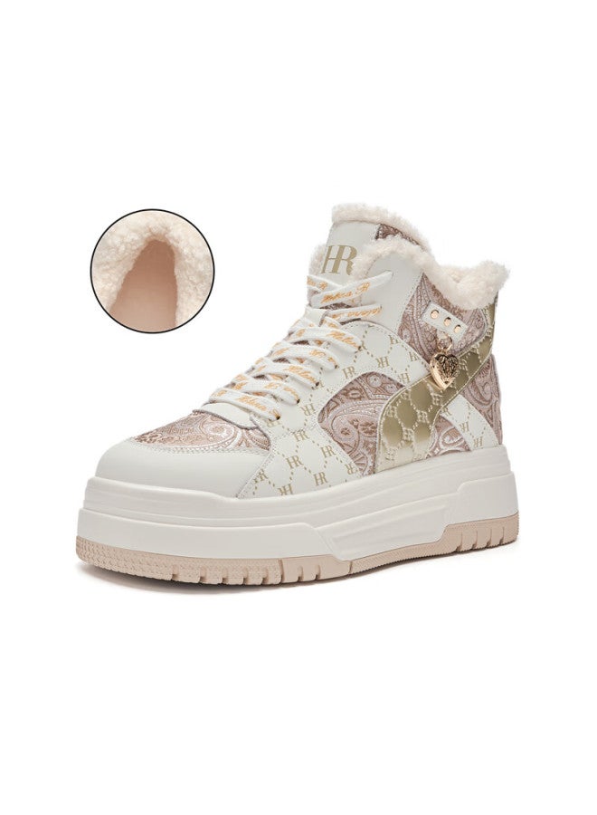 Hrhr Women's Shoes Winter New Plush High-top Thick-soled Sneakers Champagne Plush Size 38 - Image 2
