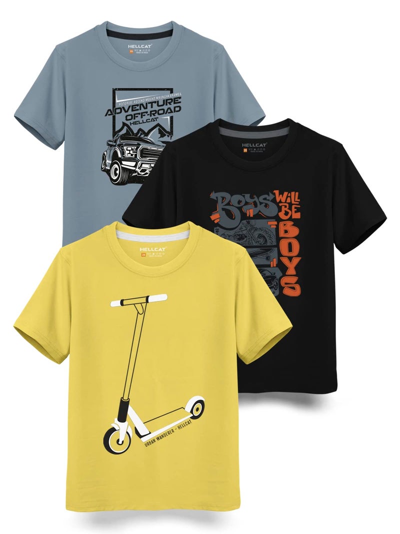 HELLCAT Boys Cotton Blend Regular Fit Trendy Typographic Printed Cotton Blend Half Sleeve T-Shirt-Pack of 3/Yellow & Black & Bluish Grey/7-8 Years - Image 1