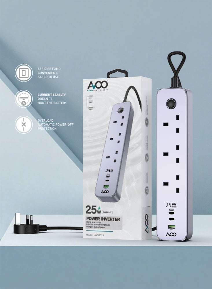 AVOO Smart Power Extension 25W in Black – 3 AC Sockets, Dual USB-C + USB-A Ports, 2500W Power Capacity, 1.5m Black Cable - Image 4
