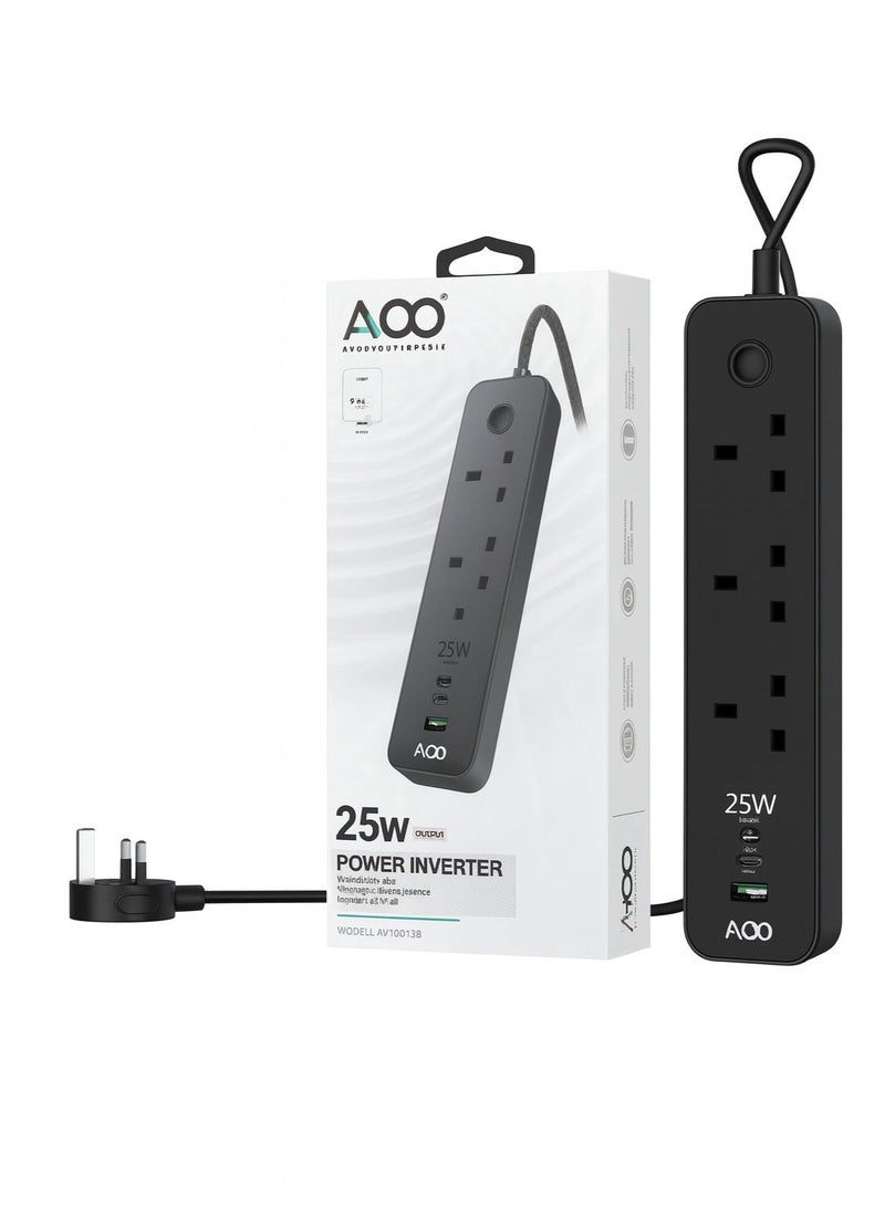 AVOO Smart Power Extension 25W in Black – 3 AC Sockets, Dual USB-C + USB-A Ports, 2500W Power Capacity, 1.5m Black Cable - Image 3