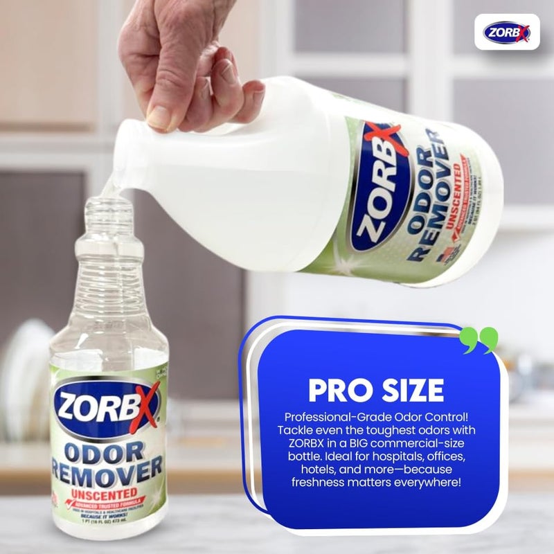 ZORBX Unscented Odor Eliminator for Strong Odor 64 oz - Used in Hospitals & Healthcare Facilities - Advanced Trusted Formula, Fast-Acting Odor Remover Spray for Dog, Cat, House & Carpet - Image 2
