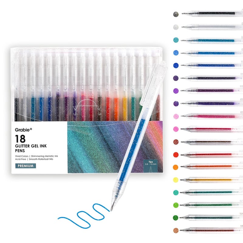 Grabie Glitter Gel Pens 18 Colors Metallic Glitter Pens Gel Ink Pens for Adult Coloring Books Journaling Drawing Scrapbooking DIY Crafts Retractable Sparkle Pens Smooth NonToxic