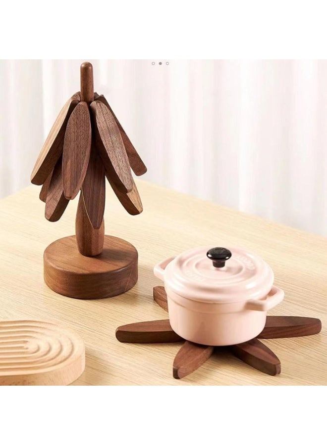 Wooden Trivet for Hot Dishes, Black Walnut Tree Shape Trivet Set Coaster, Trivets for Hot Pots and Pans, Trivets for Hot Dishes - 3 Wooden Trivet + 1 Stand (Dark Brown)  - Image 5