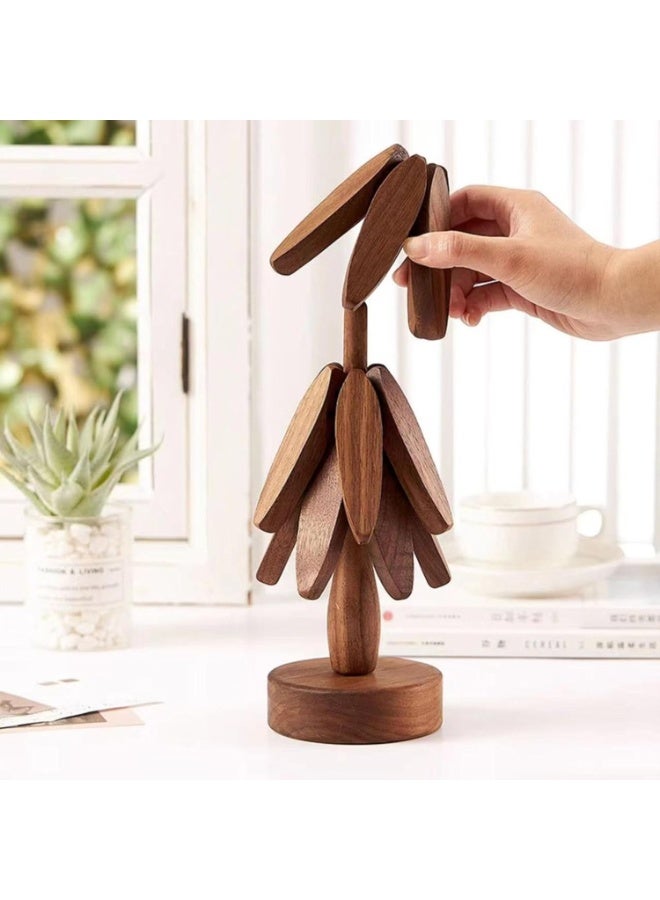 Wooden Trivet for Hot Dishes, Black Walnut Tree Shape Trivet Set Coaster, Trivets for Hot Pots and Pans, Trivets for Hot Dishes - 3 Wooden Trivet + 1 Stand (Dark Brown)  - Image 4