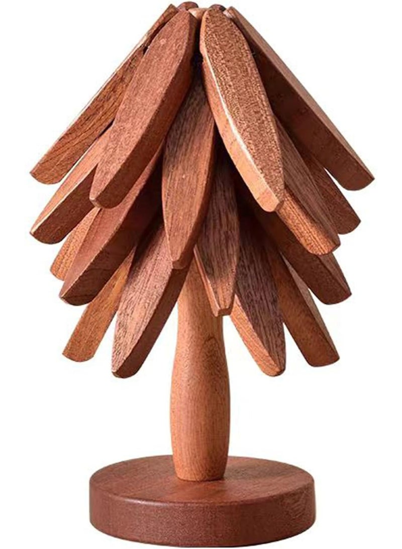 Wooden Trivet for Hot Dishes, Black Walnut Tree Shape Trivet Set Coaster, Trivets for Hot Pots and Pans, Trivets for Hot Dishes - 3 Wooden Trivet + 1 Stand (Dark Brown)  - Image 1