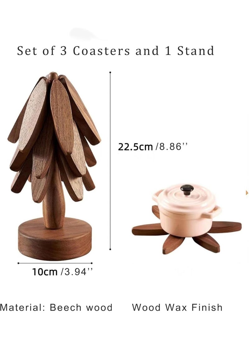 Wooden Trivet for Hot Dishes, Black Walnut Tree Shape Trivet Set Coaster, Trivets for Hot Pots and Pans, Trivets for Hot Dishes - 3 Wooden Trivet + 1 Stand (Dark Brown)  - Image 3