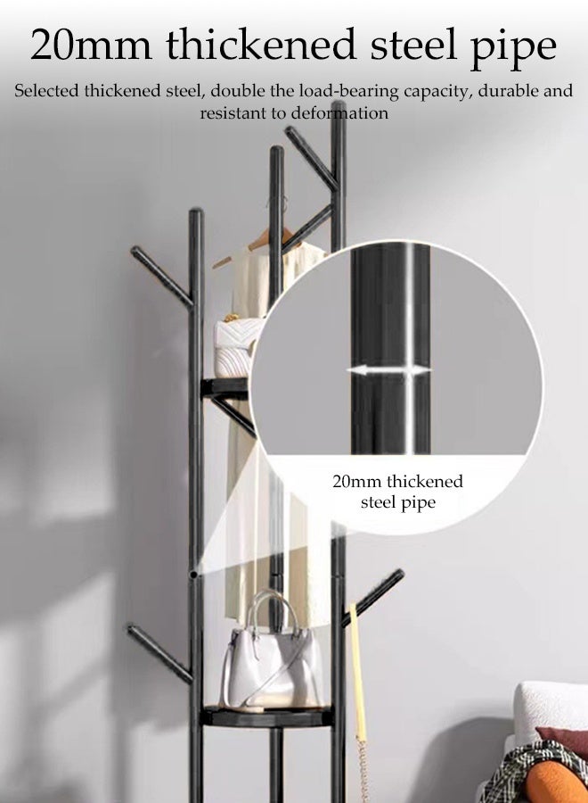 DUNISO Multi-Functional Metal Clothes Rack, 8 Hooks Hall Tree Coat Hanger Holder with Two Round Tables, Home Enterway Tree Clothes Storage Stand for Coat, Hat, Clothes, Scarves, Handbags, Umbrella - Image 3