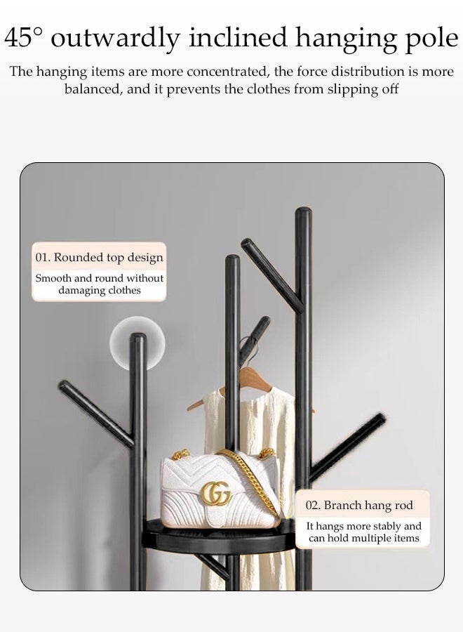 DUNISO Multi-Functional Metal Clothes Rack, 8 Hooks Hall Tree Coat Hanger Holder with Two Round Tables, Home Enterway Tree Clothes Storage Stand for Coat, Hat, Clothes, Scarves, Handbags, Umbrella - Image 5