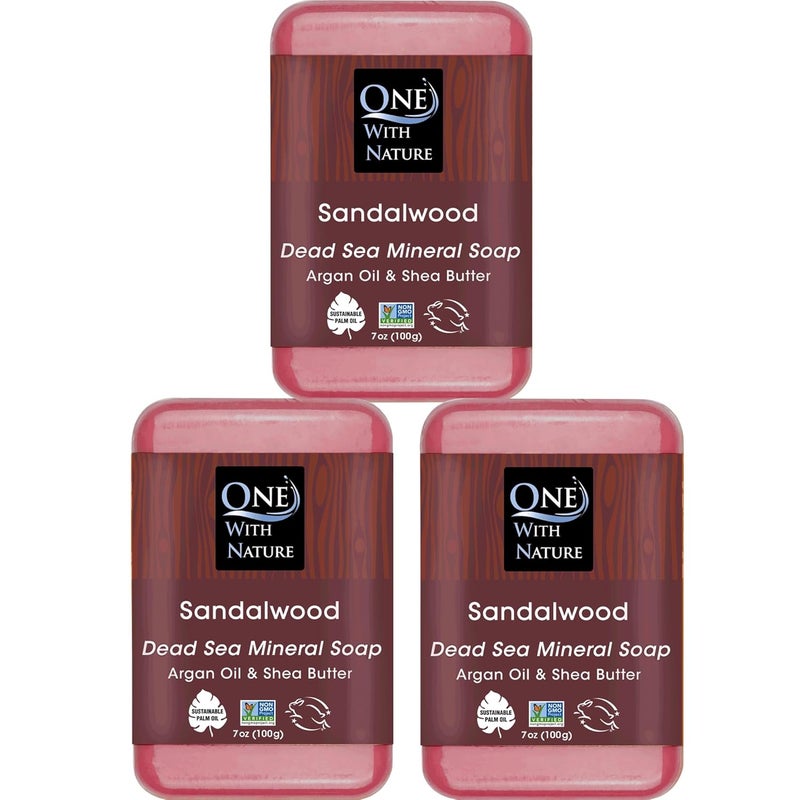 One With Nature Dead Sea Mineral Sandalwood Soap Bar 7oz Bar 3pk, Argan Oil, Shea Butter, Dead Sea Salt Contains Magnesium, Sulfur & 21 Essential Minerals. All Skin Types, Eczema, Psoriasis, Acne