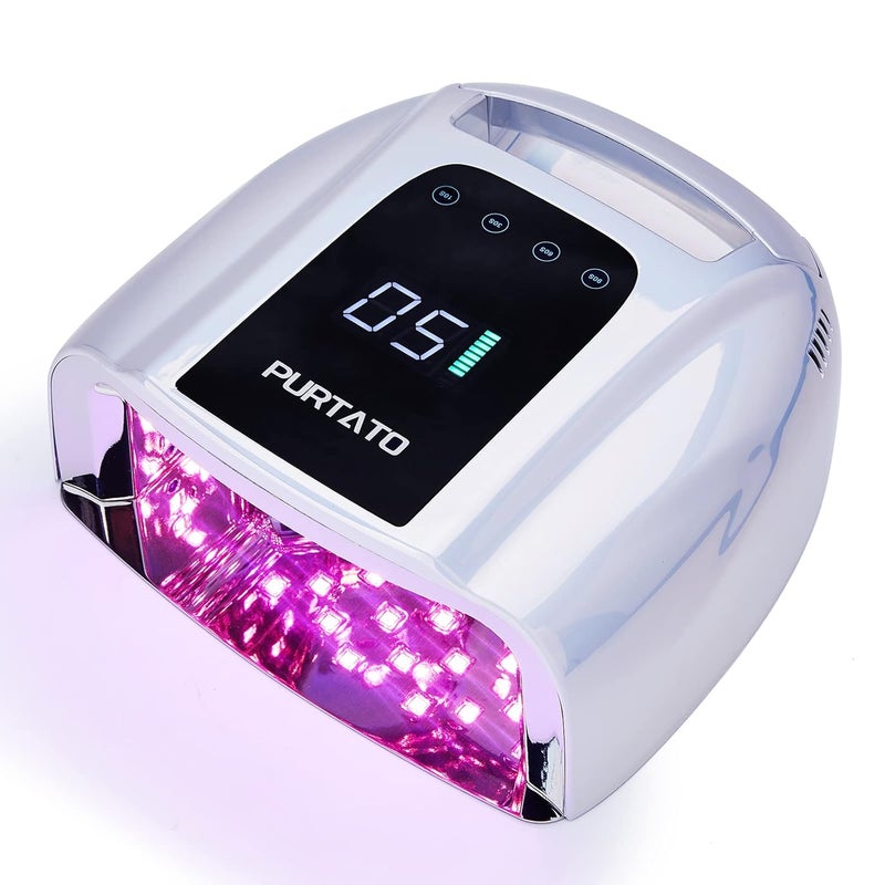 Purtato Professional Rechargeable 96W UV LED Portable Cordless UV Light for Nail Lamp Machine with Removable Stainless Steel Bottom4 Timer Setting and Smart Sensor Nail Dryer Plating Silver