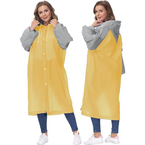 HACER EVA Poncho Raincoat Transparent Hooded Water Resistant Rain Jacket with Sleeves for Women Men Camping Rainy Season Travel - Yellow - Image 2