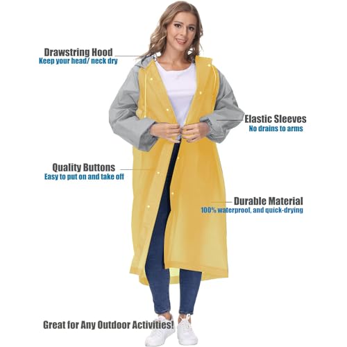 HACER EVA Poncho Raincoat Transparent Hooded Water Resistant Rain Jacket with Sleeves for Women Men Camping Rainy Season Travel - Yellow - Image 3